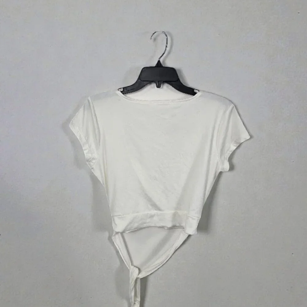 White Wrap Crop Top Tie Waist Short Sleeve Large - Picture 3 of 5